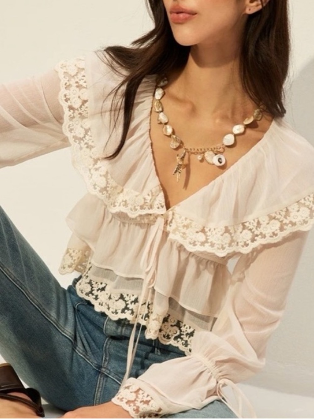 Commense Size Medium Sheer Cream Lace-Trim Ruffle Blouse NWT